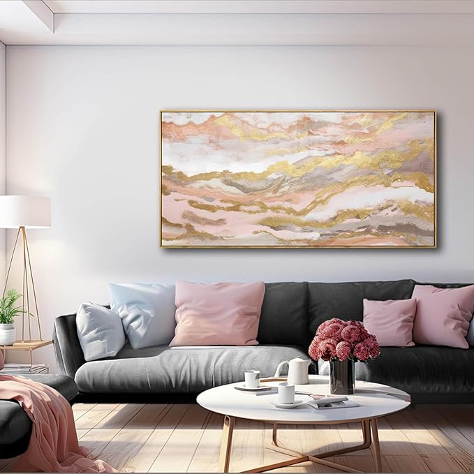 YJYart Canvas Wall Art Gold Living Room Decor Pink Canvas Art Room Decor