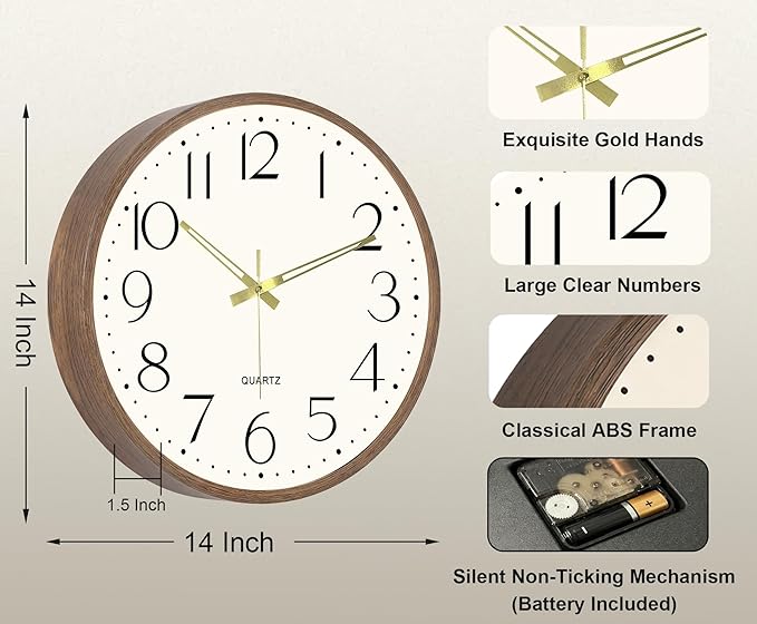 Vintage Wall Clock 14 Inch Quartz Silent Non-Ticking Analog Clock Battery