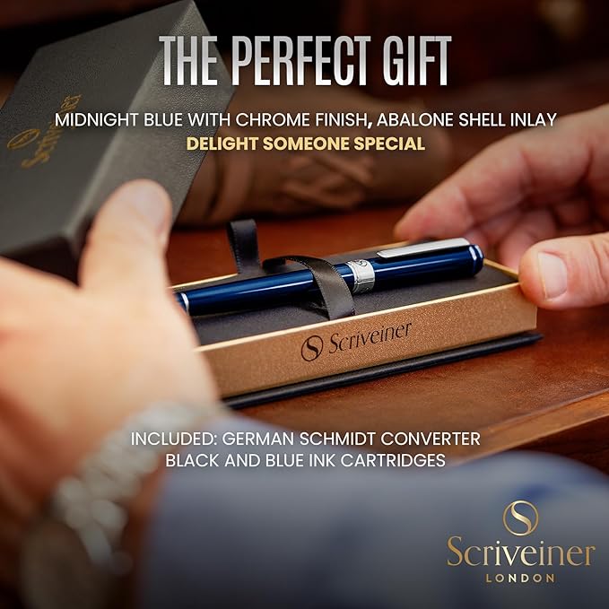 Scriveiner Midnight Blue Fountain Pen - Stunning Luxury Pen with Chrome Appointments, Schmidt Nib (Fine), Best Pen Gift Set for Men & Women, Professional, Executive, Office, Nice Pens