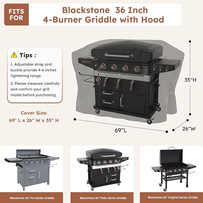 MR. COVER Griddle Cover for Blackstone 36 Inch Griddle with Hood - Heavy Duty 600D Waterproof Cover, UV & Wind Resistant, Air Vent, Double Buckle Straps, Fits Blackstone 36" 4 Burner
