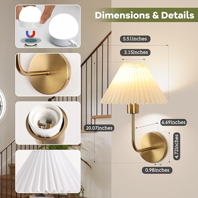 Wireless Wall Sconce Sets of 2, Pleated Shades Rechargeable Battery Operated