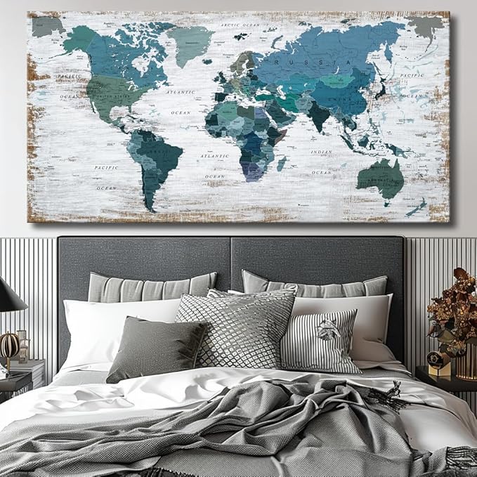Teal Decor map of the world Canvas Wall Art Pictures