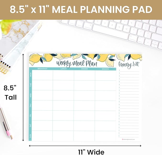 bloom daily planners Horizontal Weekly Magnetic Meal Planning Pad for Fridge with Tear-Off Grocery Shopping List - Hanging Food/Menu Organizer Notepad with Magnets - 8.5” x 11” - Lemons