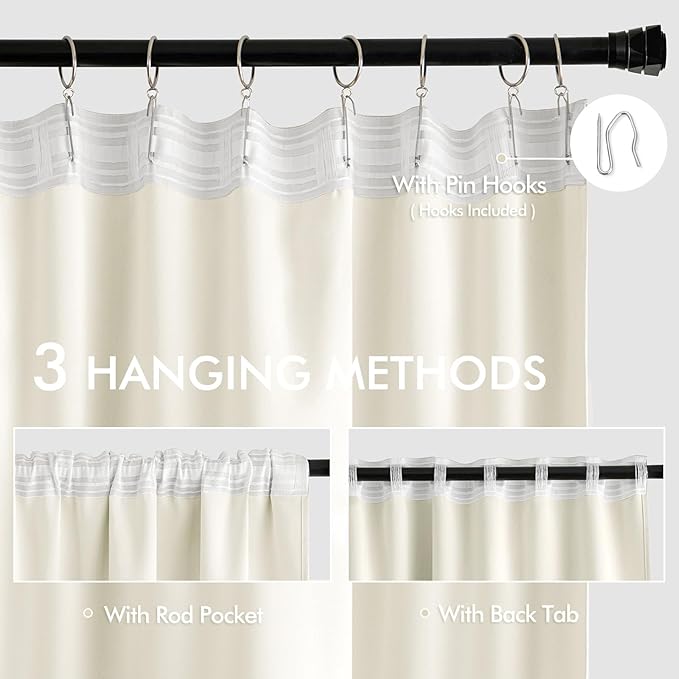 MIULEE Cream Back Tab Blackout Curtain 96 Inch Long 2 Panels Set