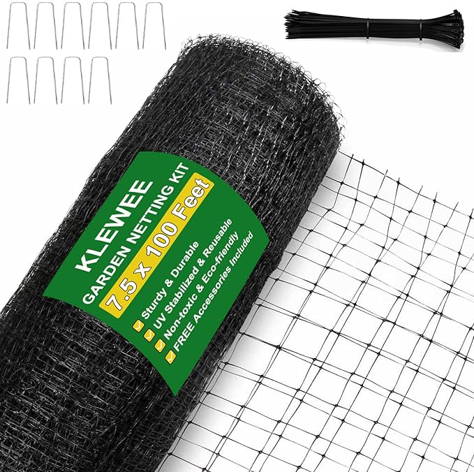 KLEWEE Bird Netting, 7.5 x 100 FT Heavy Garden Netting Deer Netting for Protect Fruit Trees, Plants and Vegetables Against Birds, Deer, Squirrels and Other Animals