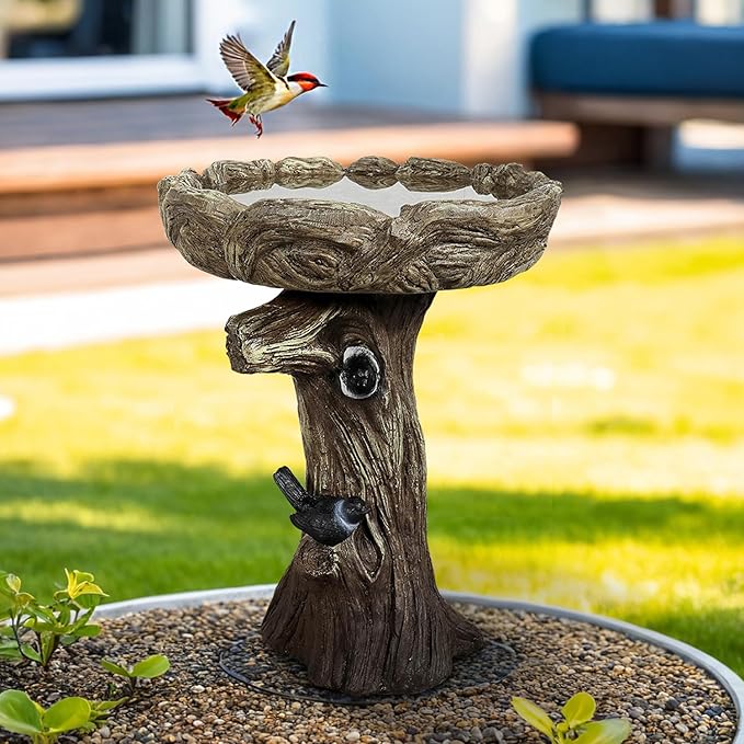 SunJet 23 Inch High Wood-Look Concrete Bird Bath with Decorative Faux Bird â Birdbath Rustic & Long-Lasting Design, Enhances Garden, Patio, Yard, Lawn Decor