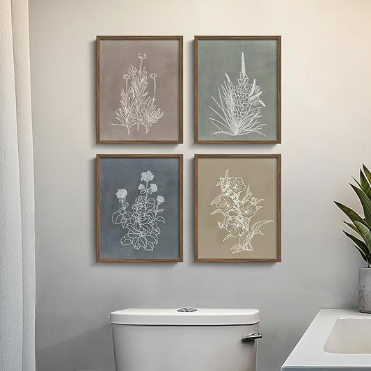 Boho Framed Botanical Wall Art for Bathroom Decor, 4 Piece Rustic Floral Canvas