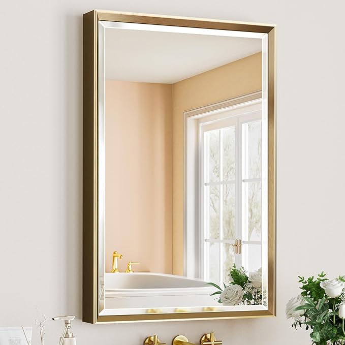 Gold Bathroom Mirror, 24x36 Brushed Gold Bathroom Mirror Beveled Edge,