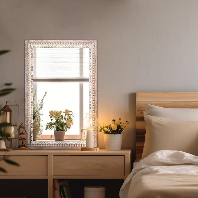 36x24 Inch Rustic Farmhouse Rectangle Bathroom Mirror Decorative, Boho Wooden