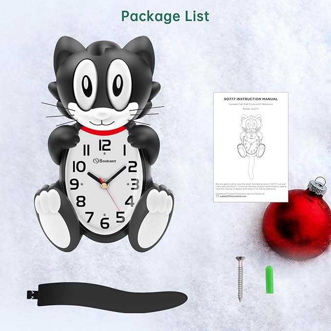 Soobest 18 Inch 3D Large Cat Wall Clock Battery Operated Silent Non Ticking