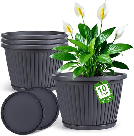 10-inch-Planters-for-Outdoor-Plantï¼Plastic Indoor Flower Pots with Drainage Holes & Saucer, 4 Packs Decorative Garden Pots for Plant for Home Porch Decor