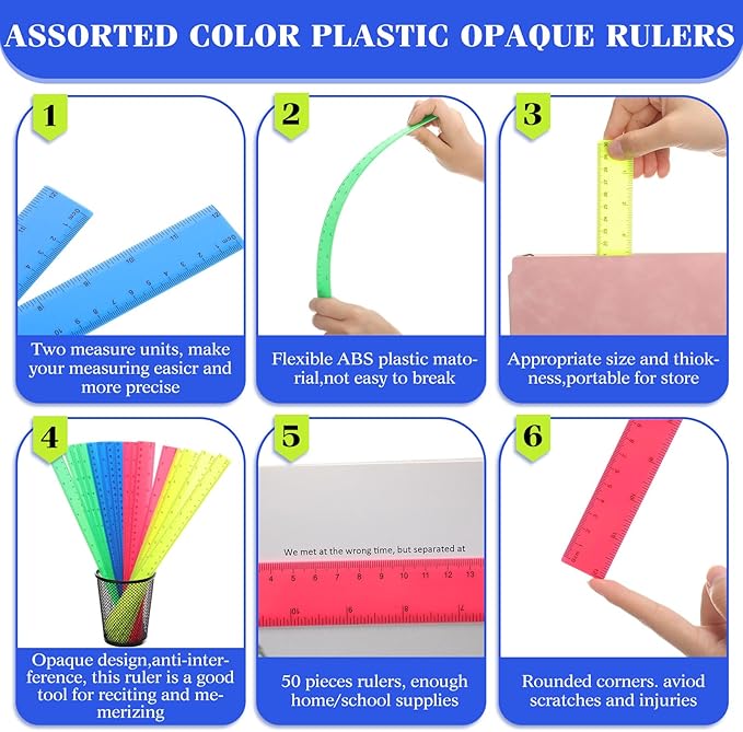Zonon 50 Pcs 6 Inch/12 Inch Plastic Rulers Bulk Flexible Straight Rulers with Inches Centimeters First Day of School Gift Students Back to School Office Home Supplies(Colorful,12 Inch)