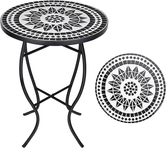 VCUTEKA Mosaic Outdoor Side Table, 14" Round Small Patio Accent Table Indoor End Table for Yard, Garden, Living Room, Bistro Balcony or Lawn Black