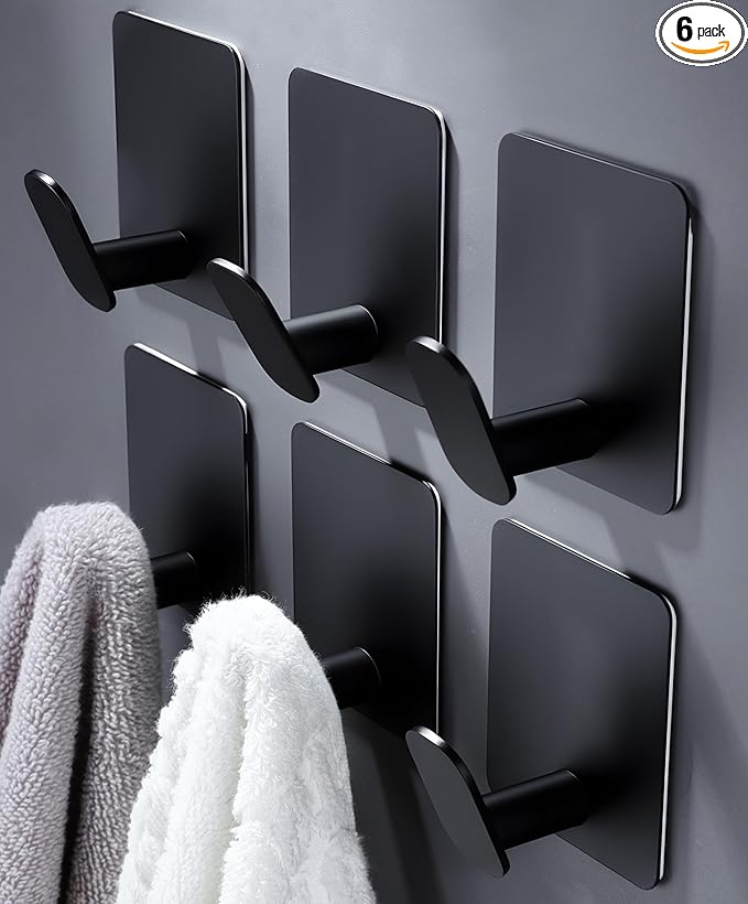 DELITON Black Towel Hook 6 Pack, Stainless Steel Stick on Wall Hooks