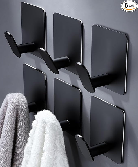 DELITON Black Towel Hook 6 Pack, Stainless Steel Stick on Wall Hooks