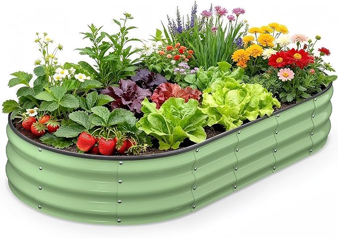 Raised Garden Bed 6Ã3Ã1 FT, Galvanized Raised Planter Box, Oval Vegetable Planting Container with Safety Edge Trim, Fruit Green for Backyard Fence Line Side Yard Family Gardening