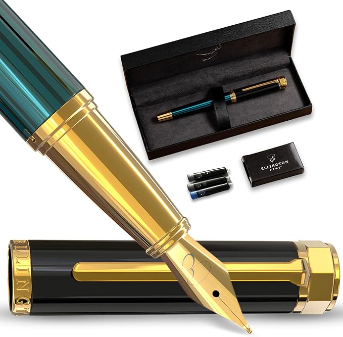 Ellington Pens Luxury Fountain Pen Set - Extra Fine Nib - Includes 3 Ink Cartridges, Refillable Ink Converter, Gift Box -Fountain Pens For Writing, Calligraphy, Journaling, Sketching (Urban Hunter)