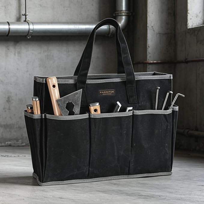 Waxed Canvas Tote Bag, Heavy Duty Multi-Purpose Canvas Tool Bag with 10 Pockets for Screwdrivers/Wrench/Pliers/Electricians Storage, Black