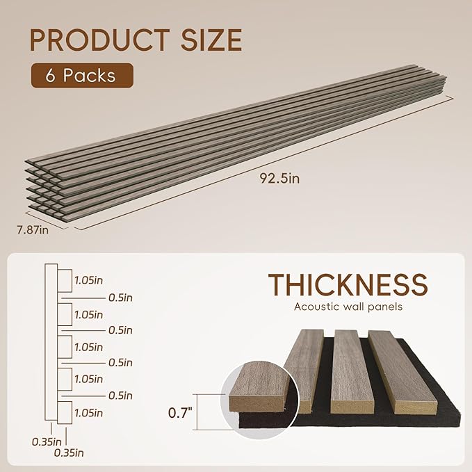 EVERECO 6 Pack Wood Slat Acoustic Wall Panels 92.5" × 7.87", 3D Sound Absorbing