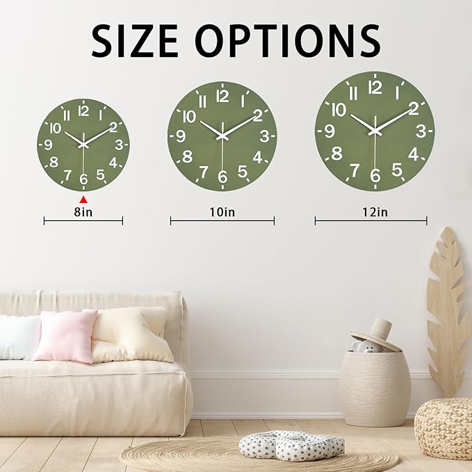 HZDHCLH Wall Clock 8 Inch Silent Non Ticking Wood Battery Operated Green Wooden