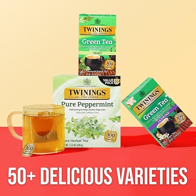 Twinings Green Tea with Mint Individually Wrapped Bags, 20 Count (Pack of 1), Invigorating Aroma, Caffeinated, Enjoy Hot or Iced, 20 Teabags
