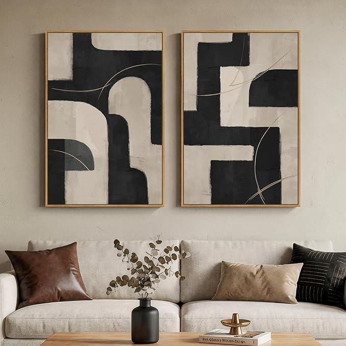 Large Framed Modern Neutral Abstract Wall Art, Geometric Pictures
