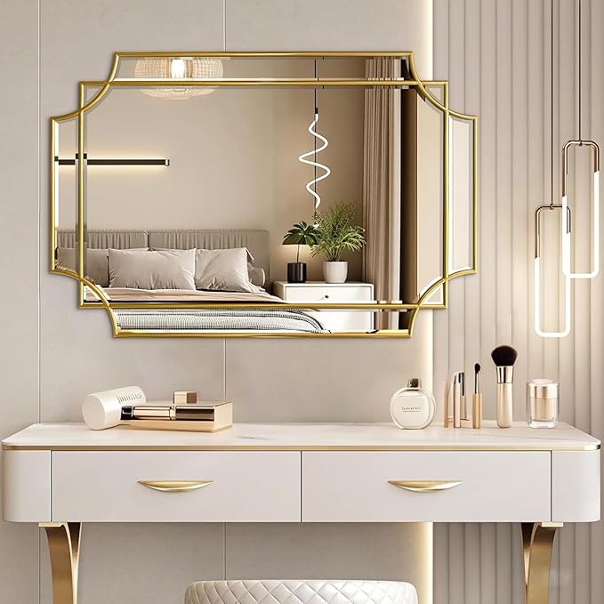 HQiJun Gold Mirror for Wall, 36x24 Gold Wood Framed, Scalloped Beveled Polished