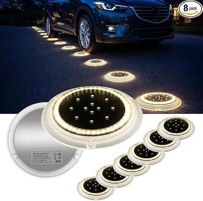 SHONELIGHTING Solar Driveway Lights, Super Bright 48 LED Disc Lights, Flat Low Profile IP67 Ground Lights Easy Install for Deck, Dock, Pathway, Patio, Walkway (Warm White, 8 Pack)