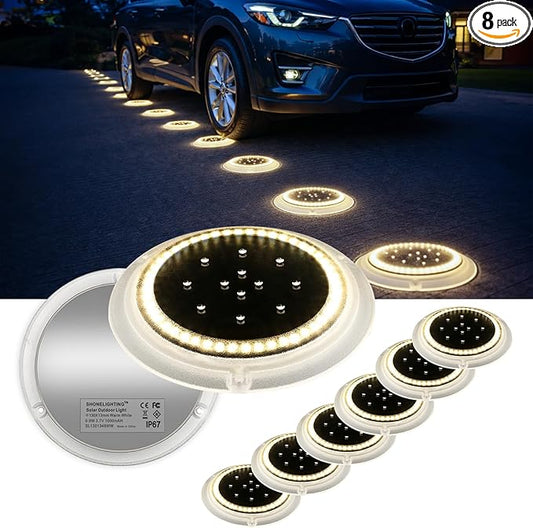 SHONELIGHTING Solar Driveway Lights, Super Bright 48 LED Disc Lights, Flat Low Profile IP67 Ground Lights Easy Install for Deck, Dock, Pathway, Patio, Walkway (Warm White, 8 Pack)