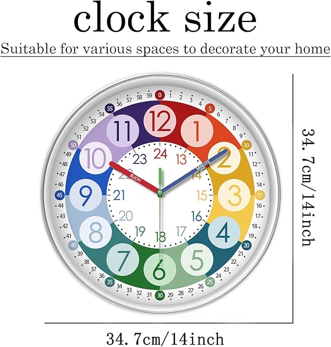 XFM Colorful Kids Wall Clock 14 Inch Silent Wall Clocks Battery Operated