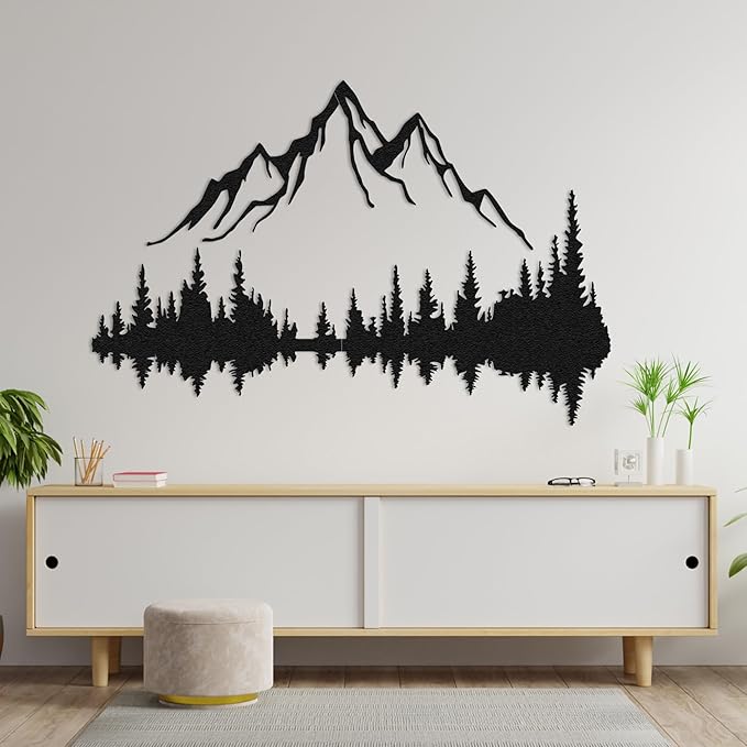 WOCHMANN,Mountain Lake Forest Large Metal Wall Art Black Minimalist Nature Silhouette Wall Decor Outdoor Landscape Wall Sculpture for Living Room, Bedroom, Kitchen or Office (Black, 71W'' x 47L'', Unframed)