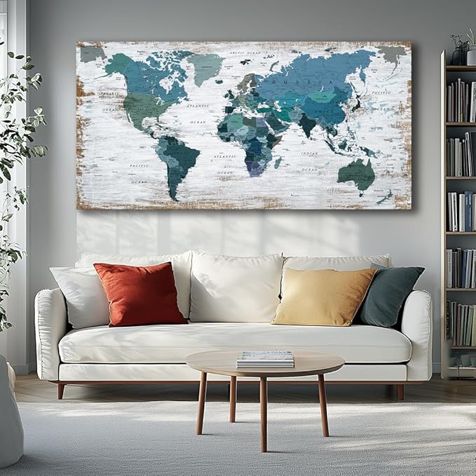 Teal Decor map of the world Canvas Wall Art Pictures