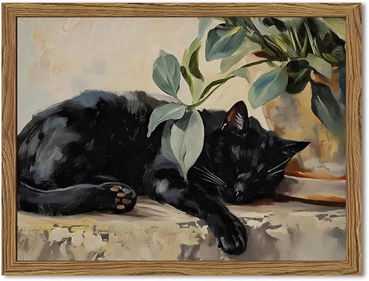 Framed Black Cat Canvas Wall Art, Vintage Sleeping Cat