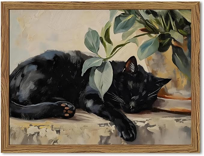 Framed Black Cat Canvas Wall Art, Vintage Sleeping Cat