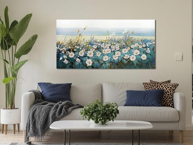 Arjun Flower Wall Art for Living Room, Teal Bedroom Canvas Daisy Floral Painting Landscape Picture Artwork Large Textured Office Home Dining Room Kitchen Wall Decor 40"x20"