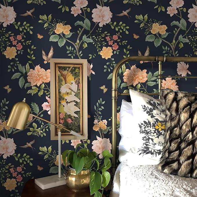 Froluya Dark Blue Floral Peel and Stick Wallpaper Vintage Floral Contact Paper