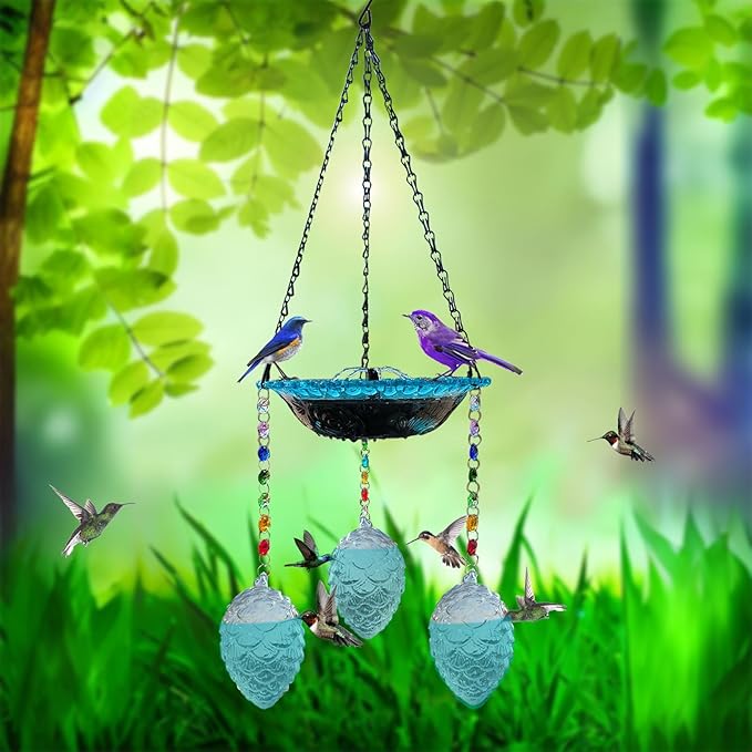 Hummingbird Feeder and Bird Bath for Outdoors 2-in-1 for Small Birds - Hummingbird Bath Fountain with 3 Blue Feeder Pots - Hanging Solar Bird Bath Fountains
