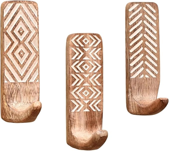 Indian Shelf 10 LB Decorative Wood Adhesive Wall Hooks – Boho Peel and Stick