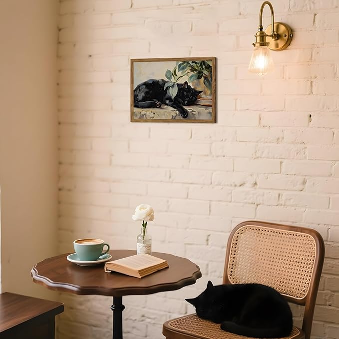 Framed Black Cat Canvas Wall Art, Vintage Sleeping Cat