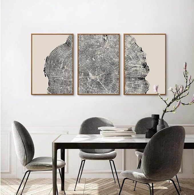 CHDITB Framed Tree Ring Wall Art Set of 3, 24"x36" Abstract Wood Stump Wall Decor, Large Black and White Wall Painting, Neutral Modern Nature Canvas Art Prints for Living Room, Bedroom, Farmhouse