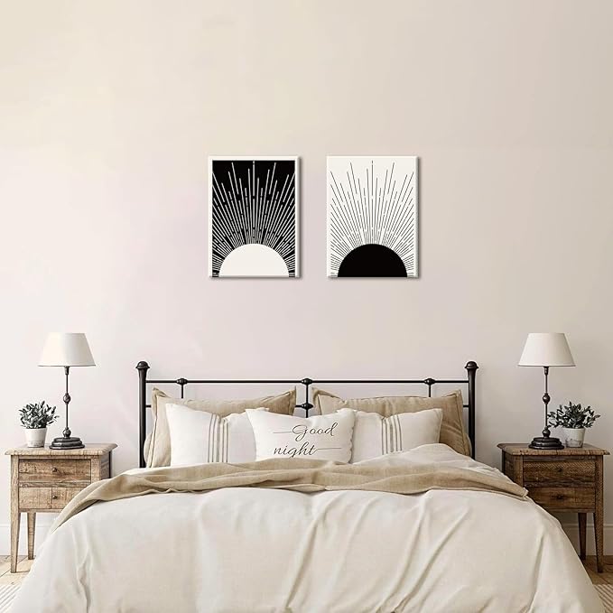 Hwetui Framed Boho Sun Wall Art Set of 2 Black and White Minimalist Sunrise