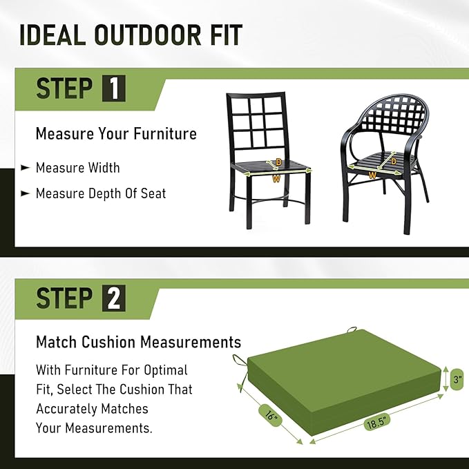 Basic Beyond Outdoor Chair Cushions Set of 6, Square Corner Outdoor Cushions for Patio Furniture, Water Resistant Patio Chair Cushions with 2 Ties, 18.5x16x3, Grass Green