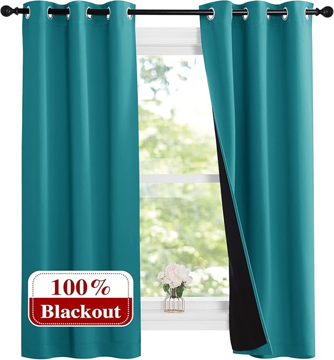 NICETOWN Peacock Teal 100% Blackout Lined Curtains, 2 Thick Layers Narrow Wide