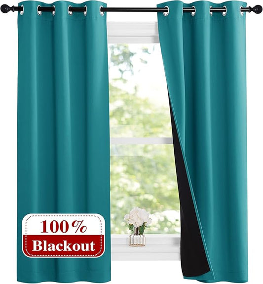NICETOWN Peacock Teal 100% Blackout Lined Curtains, 2 Thick Layers Narrow Wide