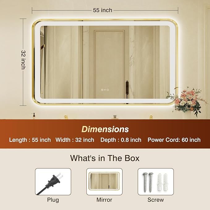 32x55 Inch Gold Framed LED Bathroom Mirror