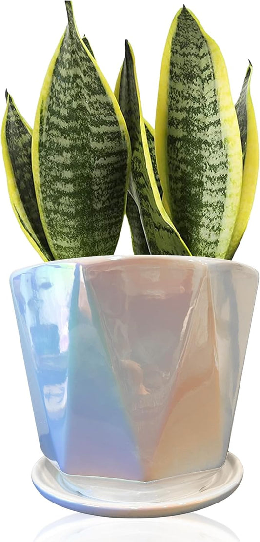 Coco Andrea Ceramic Plant Pots for Indoor Plants with Drainage & Saucers - 5-inch Iridescent White Planters for Houseplants, Succulents & Flowers - Housewarming Gift Set (1-pc, Small)