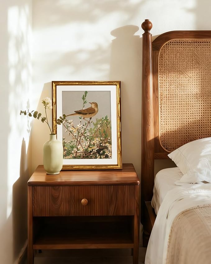InSimSea Gold Bamboo Framed Canvas Wall Art, Spring Bird on Branch Paintings