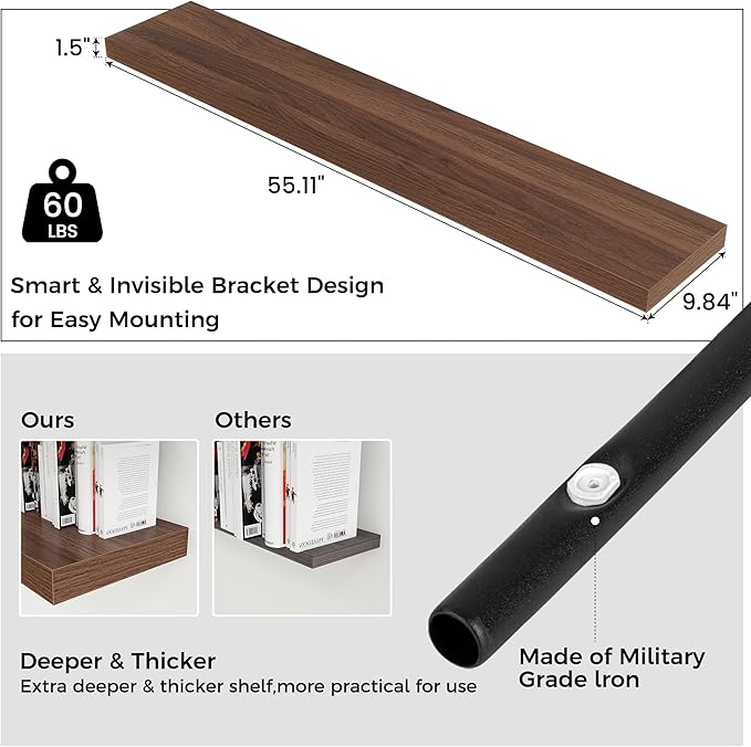 Floating Shelves for Wall 55 inch Long, Engineered Wood Large Wall Shelves