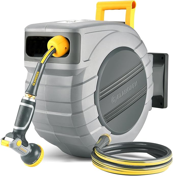 GLAHODEN Retractable Garden Hose Reel 5/8 in x 100 ft Upgraded UV Resistant Heavy Duty Automatic Hose Reel Wall Mount 3/4 in Brass Fitting 9 Pattern Nozzle Any Length Lock Slow Retraction 180Â° Swivel
