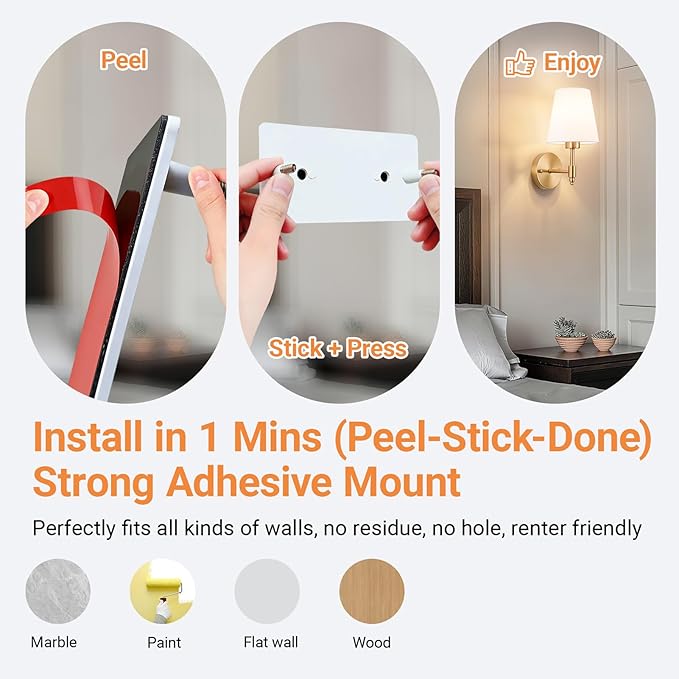 Peel and Stick Wall Sconces, Stick On Wall Sconce Set of 2, Battery Operated